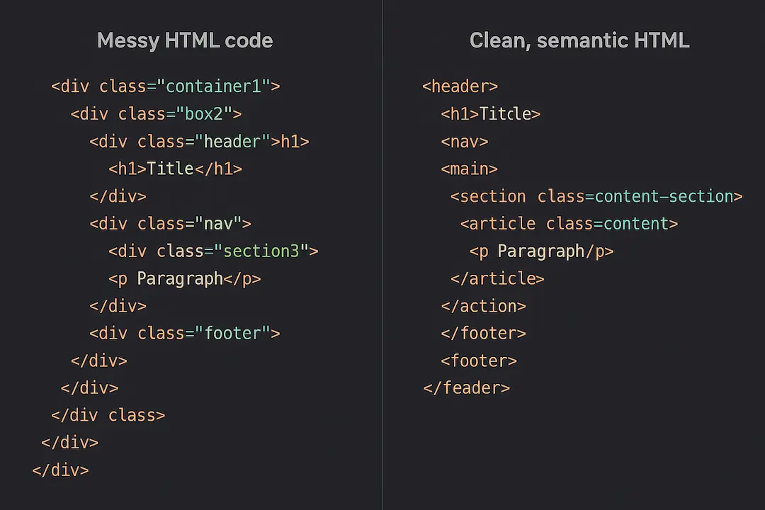 Comparison showing the difference between messy div-based code and clean semantic HTML